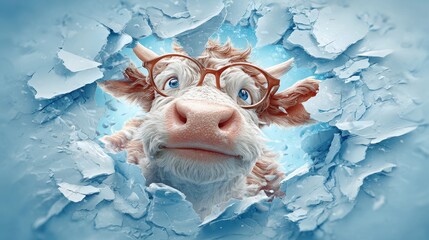 A cool cow with eyewear poking fun as it emerges through a paper