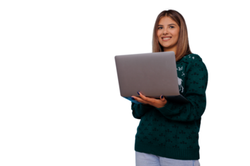 Woman wearing festive christmas sweater holding laptop, smiling, celebrating holiday season, transparent background