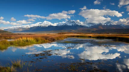 Mountain range reflected in calm lake