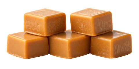 Close-Up of Caramel Candy Squares on Transparent Background
Stacked Golden-Brown Caramels Isolated with Glossy Surface