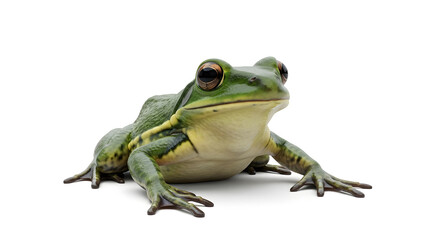 Obraz premium Frog's Gentle Stance: A captivating close-up showcases a vibrant green frog, its eyes intently focused. It stands out in natural posture against a bright background.