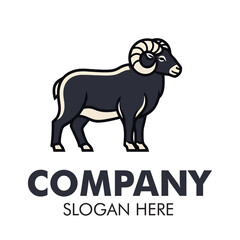 Stylized black ram with large horns standing, suitable for a company logo.