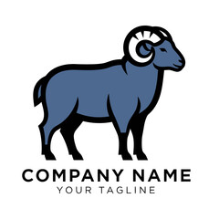 Illustration of a blue ram with curved horns standing.