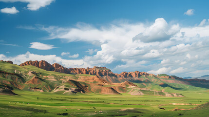 Naklejka premium Mountainous landscape with green fields and clouds