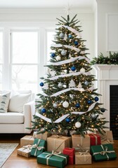 Christmas tree adorned with decorations in a bright living room