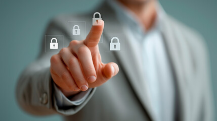 Human hand touching the icon of a virtual padlock on a transparent digital interface. The image represents cybersecurity, data protection, privacy, and secure access in modern technology