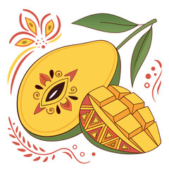 Vibrant illustration of a whole mango cut in half with decorative patterns and a sliced mango cube alongside stylized floral elements and leaves on a white background