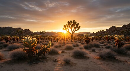 Desert landscape at sunset with joshua trees and golden sunlight