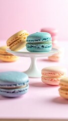 Pastel Macarons Towered on a White Pedestal with a Light Pink Background