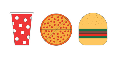 Icon fast food soda , pizza and burger isolated set collection