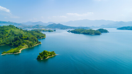 Aerial view of lake with green islands and mountains