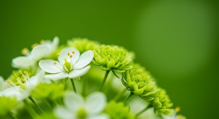 Close up of white and green flowers against a blurred green backdrop