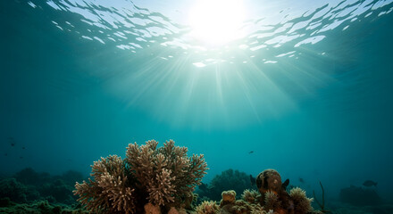 Underwater Paradise: A vibrant scene beneath the waves, capturing the beauty of a coral reef and the ethereal glow of sunlight filtering through the ocean's surface.