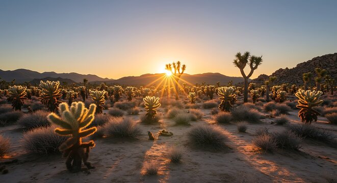 Desert landscape at sunset with joshua trees and mountains silhouettes - Powered by Adobe