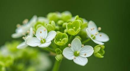 Close up of white and green flowers with blurred green background