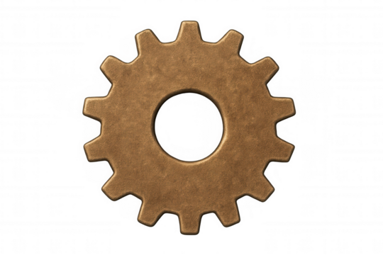 Bronze colored cogwheel symbolizing technology, progress, gear function, and mechanical power. Isolated on transparent background