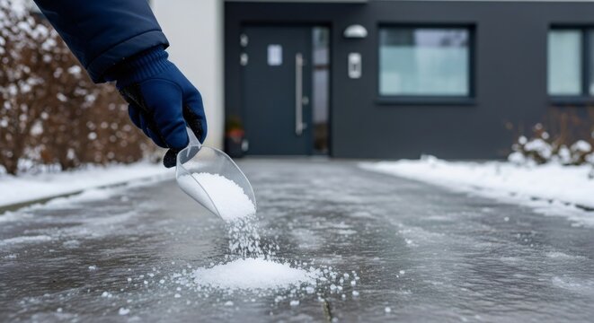 Woman pouring ice melt from scoop onto icy driveway. Winter maintenance for safe home access. Preventing slips and falls on frozen surfaces.