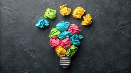 Colorful crumpled paper forming a lightbulb idea concept