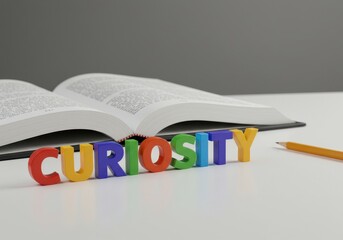 Colorful Magnet Letters Spelling Out Curiosity Next To an Open Book