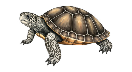 Fototapeta premium Turtle in Motion: A detailed and vibrant illustration captures a turtle in mid-stride, showcasing the intricate patterns of its shell and the textures of its skin in a dynamic pose. 