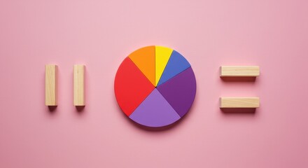 Colorful pie chart flatlay with wooden blocks on pink background
