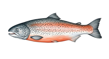 Naklejka premium Rainbow Trout, Underwater Portrait: A stunning rainbow trout, with its iridescent scales and distinctive coloration, captured in a detailed illustration against a backdrop of calm, cool, clear water.