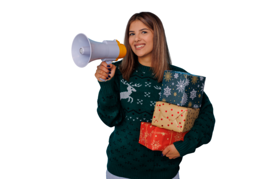 Woman wearing christmas sweater holding gifts and announcing holiday promotions with a megaphone on transparent background