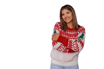 Smiling woman posing in a festive christmas sweater, celebrating winter holidays with a transparent background