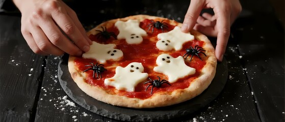 Halloween pizza preparation with ghost mozzarella and spiders, a concept on festive creativity, spooky fun, and holiday traditions.