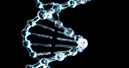Animated Genetic Spiral Made of Glass Molecules with a Light Blue Glow, Appearing and Rotating on a Black Background.