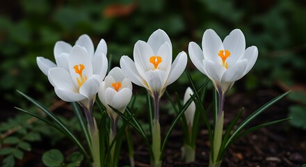 Close up of white crocus flowers with vibrant yellow centers in a garden setting