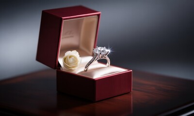 A sparkling diamond ring rests in an open red box with a small rose, on a dark wooden surface