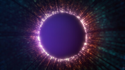 Digital Eye Fly-Through: An abstract animation of a glowing pupil and iris made of colorful energy particles.