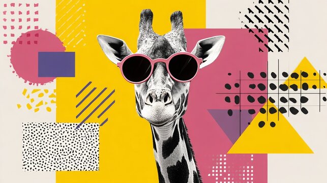A giraffe wearing sunglasses stands out on a vibrant and colorful background. Perfect for adding a fun and quirky touch to any project
