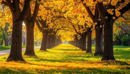 Picturesque Avenue of Golden Trees in Autumn Sunlight Scenic Travel View Cinematic Daylight