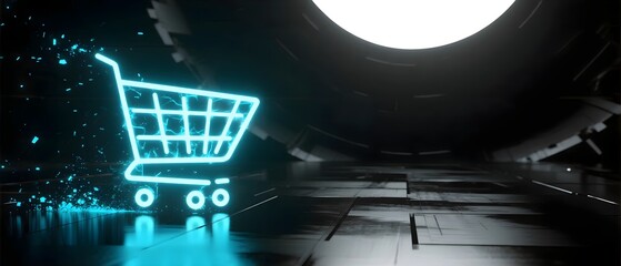 Glowing neon shopping cart, a concept on digital retail, e-commerce, and futuristic shopping.