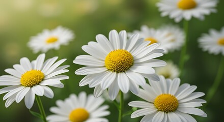 Close up of white daisies with yellow centers against a blurred green background