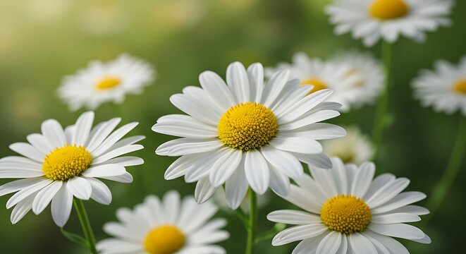 Close up of white daisies with yellow centers against a blurred green background - Powered by Adobe