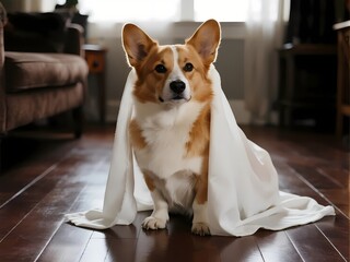 Corgi dog covered in white sheet, a concept on playfulness, innocence, and domestic joy.