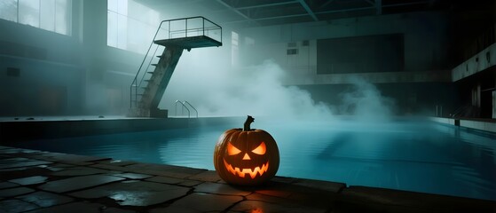 Eerie Jack-o'-lantern by a Misty Pool, a concept on Halloween mystery and haunted atmosphere.