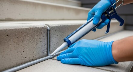 Person in blue protective gloves applying industrial silicone sealant with a caulk gun to seal outdoor concrete steps, for home repair and maintenance.