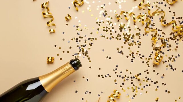 Champagne bottle with golden foil and ribbons exploding upwards alongside scattered star-shaped confetti, creating a festive and celebratory visual composition on a soft beige backdrop.