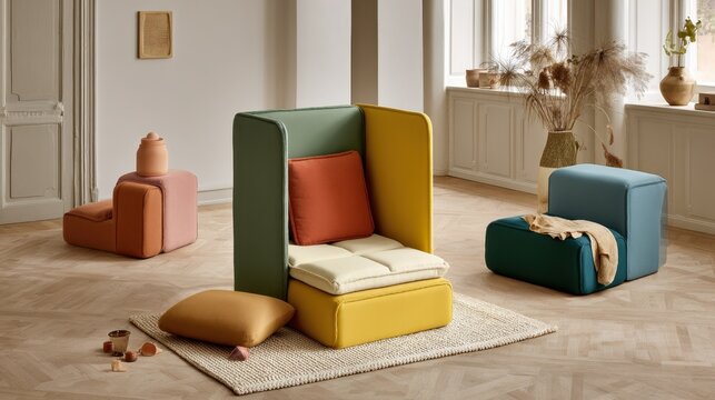 Medium shot of a convertible modular sofa transitioning from seat to bed focusing on the main unit with surroundings softly out of focus.