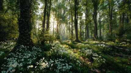Obraz premium Golden Sunbeams Pierce a Lush Forest Canopy, Illuminating a Carpet of White Wildflowers.
