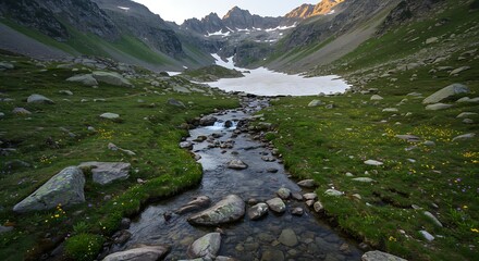 Mountain valley landscape featuring river snow and green vegetation scene