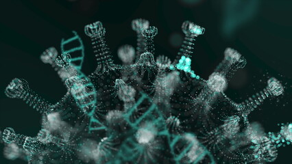 Pathogen of coronavirus 2019-nCov moves inside organism presented as green cells on black background. Dangerous virus strain cases like coronavirus, SARS, MERS concept. 3d rendering close up 4K video.