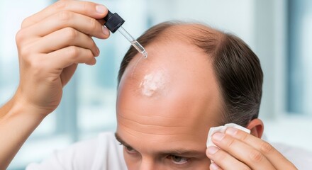 Man applying serum for hair growth with dropper. Hair care treatment for baldness. Hair loss solution and medicine.