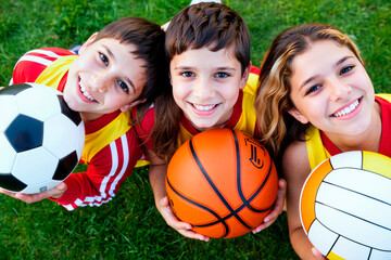 Group of three Caucasian children smiling and holding soccer ball, basketball, and volleyball outdoors, looking up at camera, wearing sports uniforms, showing excitement and teamwork