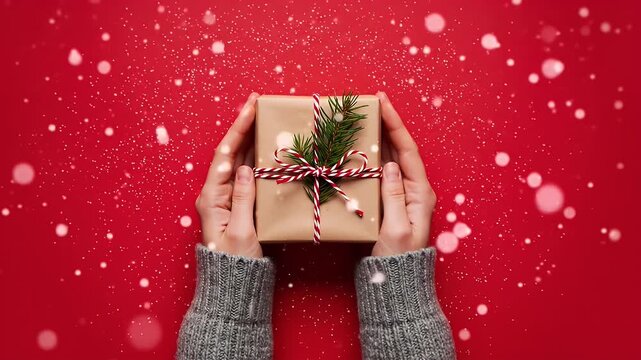 Person holding a wrapped gift decorated with a red and white string, and a sprig of evergreen, against a vibrant red background with sparkling bokeh.