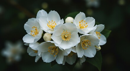 Close up of white jasmine flowers with yellow centers in soft focus